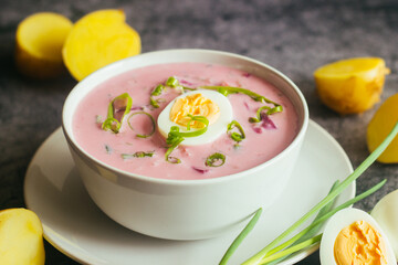 Borsch. Russian national dish. Delicious soup in a plate