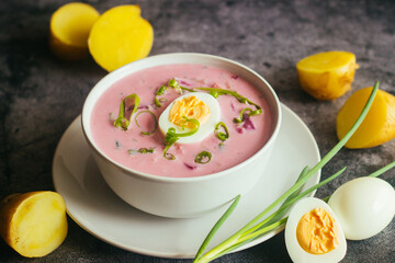 Borsch. Russian national dish. Delicious soup in a plate
