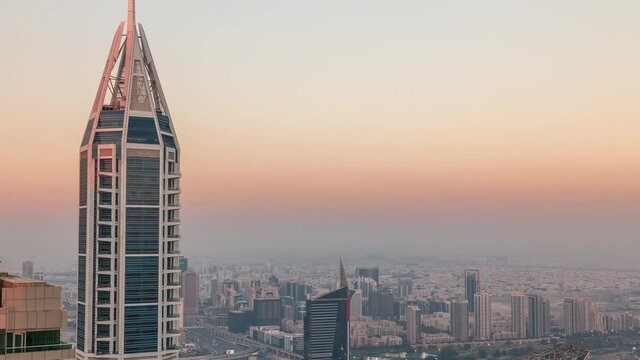 Dubai Aerial view showing al barsha heights and greens district area timelapse