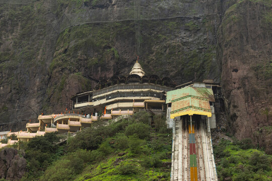 View of Saptashrungi temple and funicular trolley track, Vani, Nashik, Maharashtra, India. One of the 51 Shakti Peethas. 