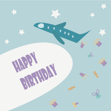 The color illustration of the aircraft from which gifts are poured. Idea for birthday card