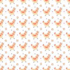 Seamless digital pattern with hens and chickens on a white background
