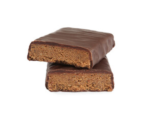 Halves of tasty chocolate glazed protein bar on white background