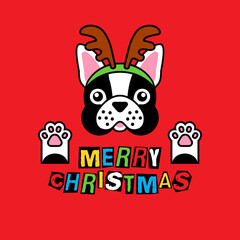 Bulldog in costume christmas deer on red