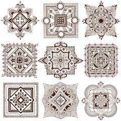 Decorative elements for design. Mehndi style square patterns. - 452478958