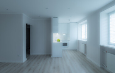 Fototapeta na wymiar Modern bright interior of luxury studio apartment after renovation. White kitchen with fridge and oven. Beige parquet.