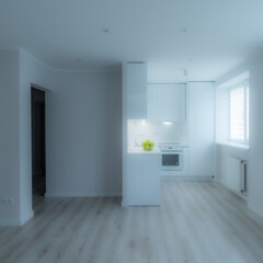 Modern bright interior of luxury studio apartment after renovation. White kitchen with fridge and oven. Beige parquet.