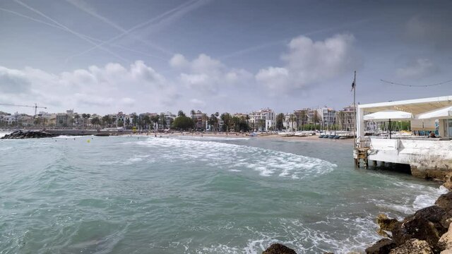 Beach and town with sea in foreground, sitges, near Barcelona, Spain