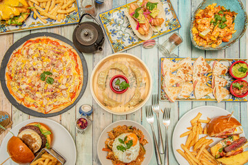 International food dishes set. Italian Pizza, Mexican Quesadillas, Asian Gyozas, Spanish Aella, Hawaiian Poke, American Burgers