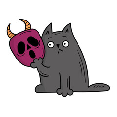 The gray cat is holding a scary mask. Halloween costume. Doodle style illustration