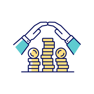 Savings RGB color icon. Collect cash. Coin stack for safe personal deposit. Financial literacy. Understanding finance and economy. Isolated vector illustration. Simple filled line drawing