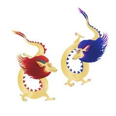 2 cute traditional Golden Asian or Chinese Dragons. Flat illustration