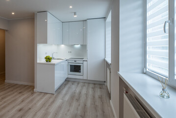 Bright interior of contemporary renovated apartment. White kitchen with fridge and oven. Parquet floor.
