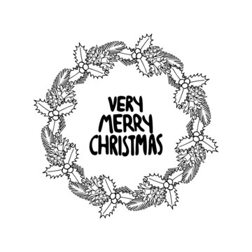 Monochrome Art Christmas Wreath clipart, decorated spruce green branches. With hand lettering very merry christmas. Isolated on white background