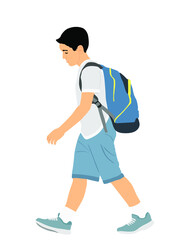 Sad boy with backpack going to school vector illustration. Back to school. School kid walking with education trouble, bad grades evaluation after summer enjoy. Bowed head son do not like learning.