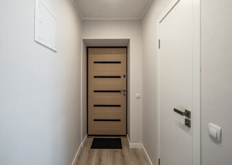 Contemporary interior of modern apartment. Front view of entrance door. White walls. Parquet floor.