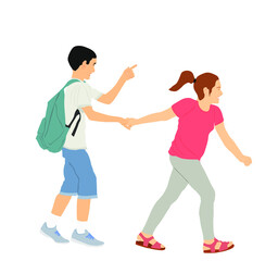 Laughing kids going to school together, vector illustration. Back to school. Boy and girl with backpack. Happy kids friends. Happy Schoolkids education. Sister hold hand brother to crossing street.