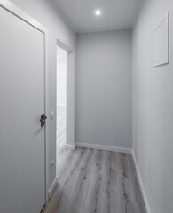 Modern bright interior of hall in luxury apartment. White walls. Beige parquet floor.
