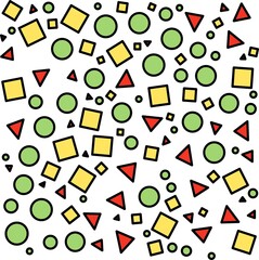 Colorful geometric circles, triangles, squares background. Abstract pattern background. Shapes pattern. Colorful wrapping paper.