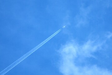 The plane flies in the sky and leaves a trail. Place for your text.