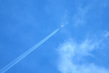 The plane flies in the sky and leaves a trail. Place for your text.