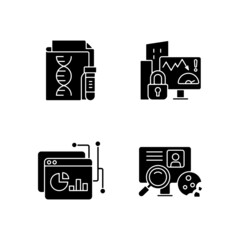 Sensitive data types black glyph icons set on white space. Genetic information. Company risk scoring. Data intelligence platform. HTTP cookie. Silhouette symbols. Vector isolated illustration