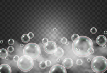Air soap bubbles on a transparent background .Vector illustration of bulbs.	

