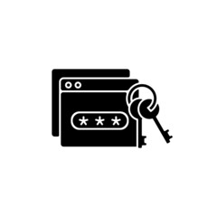 Password management black glyph icon. Preventing unauthorized access. Generating, storing passwords. Encrypted digital database. Silhouette symbol on white space. Vector isolated illustration