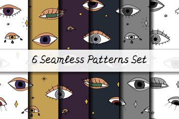 Seamless patterns set with hand drawn doodle mystic eyes. On different backgrounds.