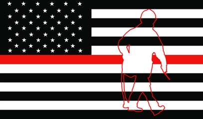 Thin Red Line Firefighter Flag Vector. USA flag remembering, memories on fallen fire fighters officers on duty. Firefighter members honor. Fireman with fire hose silhouette, member of fire department 