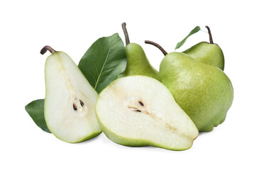 Whole and cut fresh ripe pears on white background
