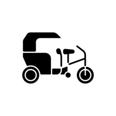 Tricycle taxi black glyph icon. Human-powered three-wheeled vehicle. Bike taxi with passenger cart. Tri-wheeled bicycle rickshaw. Silhouette symbol on white space. Vector isolated illustration