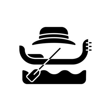 recommend clip art: Gondola taxi black glyph icon. Venetian rowing boat for tourists carrying. Water taxi in Venice. Relaxing trip. Public transportation. Silhouette symbol on white space. Vector isolated illustration
