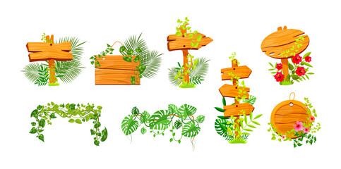 Set of pointer wooden board covered by liana branches with place for text natural tropical leaves