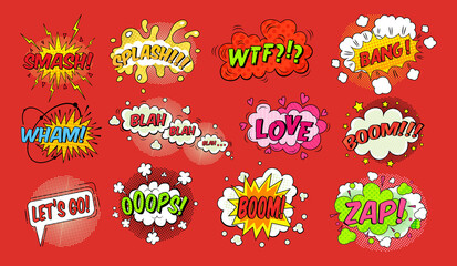 Comic speech bubbles set. Humor pop art emotions expression. Speech clouds with quotes, admiration, anger, label message speak smash, splash, wtf, bang - obrazy, fototapety, plakaty
