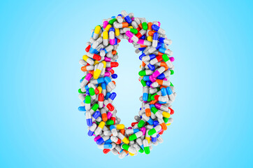 Number 0 from medicine capsules, pills. 3D rendering