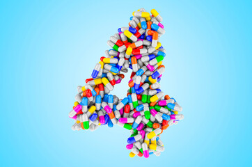 Number 4 from medicine capsules, pills. 3D rendering