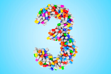 Number 3 from medicine capsules, pills. 3D rendering