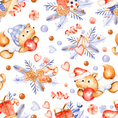 seasons greetings, fox repeat, watercolor fox, fox pattern, cute fox, my first christmas, christmas trees, christmas tree, gift box, year, cute, decor, toy, fabric, colorful, wrapping paper, hand draw