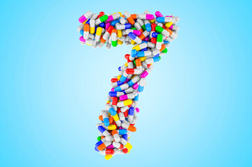 Number 7 from medicine capsules, pills. 3D rendering