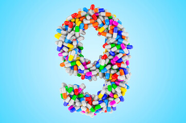 Number 9 from medicine capsules, pills. 3D rendering