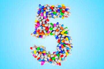 Number 5 from medicine capsules, pills. 3D rendering