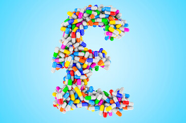 Pound sterling symbol from medicine capsules, pills. 3D rendering