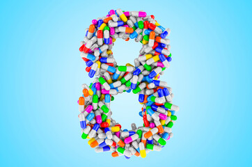 Number 8 from medicine capsules, pills. 3D rendering