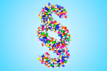 Paragraph, section symbol from medicine capsules, pills. 3D rendering