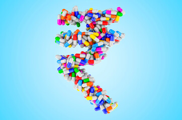 Rupee symbol from medicine capsules, pills. 3D rendering