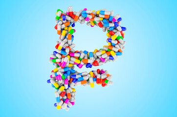 Ruble symbol from medicine capsules, pills. 3D rendering