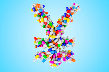 Yen or yuan symbol from medicine capsules, pills. 3D rendering