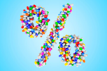 Percent symbol from medicine capsules, pills. 3D rendering