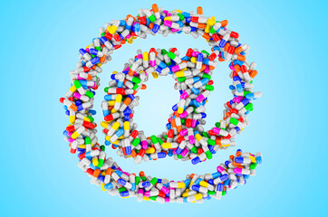 At sign, e-mail symbol from medicine capsules, pills. Ordering Drugs Online concept. 3D rendering
